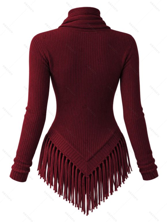 Casual Knitted Top Solid Color Cowl Neck Draped Tassel Long Sleeve Top - Rouge Vineux M | US 6