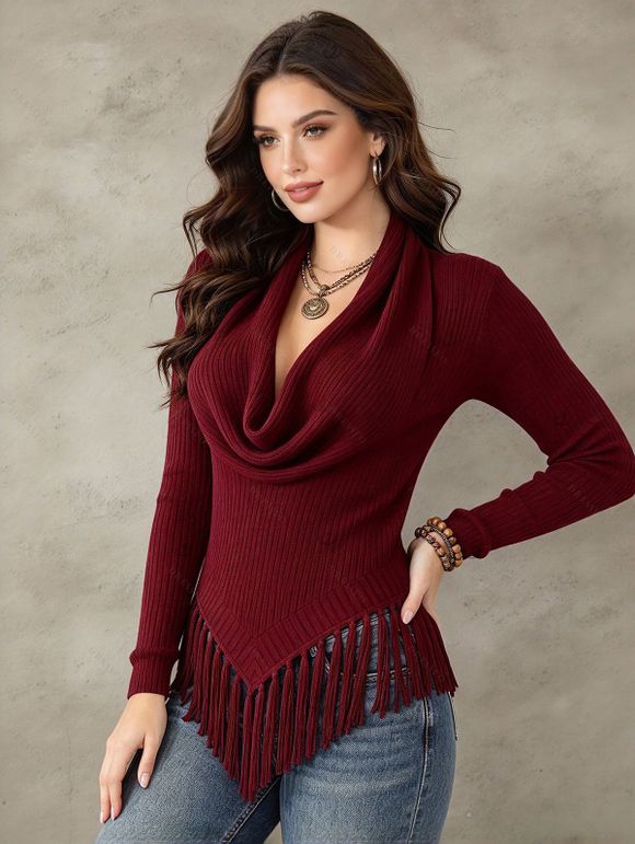 Casual Knitted Top Solid Color Cowl Neck Draped Tassel Long Sleeve Top - Rouge Vineux M | US 6