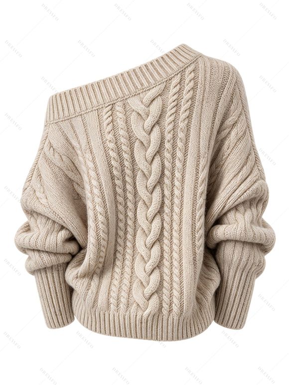 Cable Knit Sweater Solid Color Skew Neck Long Sleeve Top - café lumière L | US 8-10