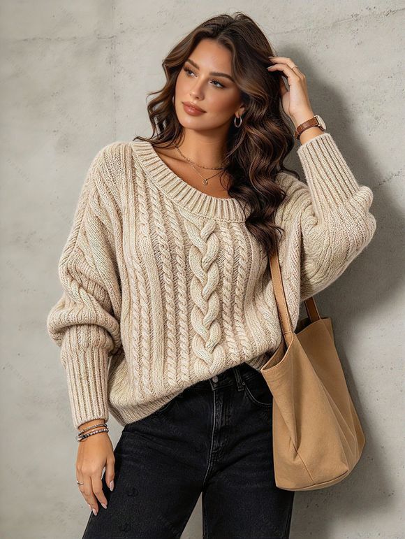 Cable Knit Sweater Solid Color Skew Neck Long Sleeve Top - café lumière L | US 8-10
