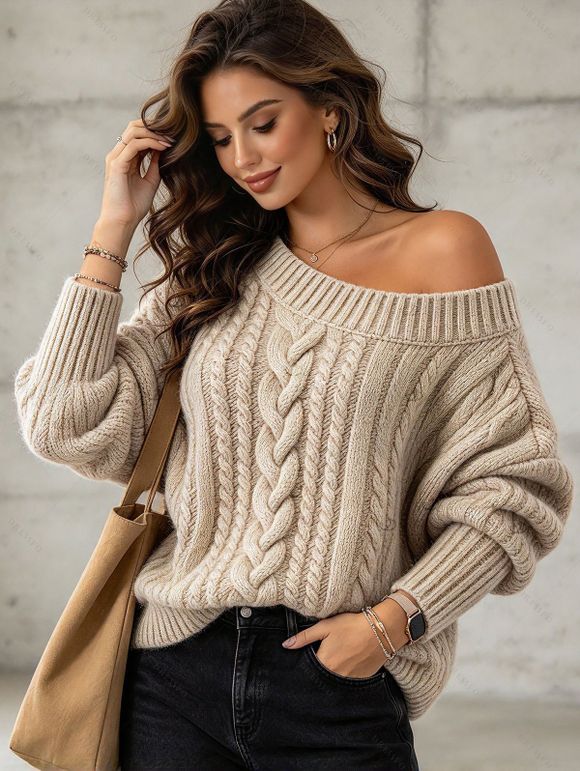 Cable Knit Sweater Solid Color Skew Neck Long Sleeve Top - café lumière L | US 8-10