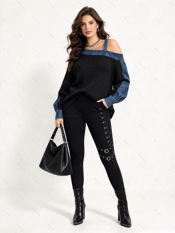 Casual Women Outfit Faux Denim Colorblock Patchwork Cold Shoulder Long Sleeve Top and Grommet Buckle Leggings Set - Noir S | US 4