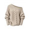 Cable Knit Sweater Solid Color Skew Neck Long Sleeve Top - café lumière M | US 6
