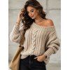 Cable Knit Sweater Solid Color Skew Neck Long Sleeve Top - café lumière M | US 6