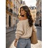 Cable Knit Sweater Solid Color Skew Neck Long Sleeve Top - café lumière L | US 8-10