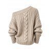 Cable Knit Sweater Solid Color Skew Neck Long Sleeve Top - café lumière XL | US 12