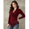 Casual Knitted Top Solid Color Cowl Neck Draped Tassel Long Sleeve Top - Rouge Vineux XXL | US 14