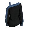 Casual Women Outfit Faux Denim Colorblock Patchwork Cold Shoulder Long Sleeve Top and Grommet Buckle Leggings Set - Noir S | US 4