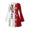 Christmas Dress Contrast Color Cute Elk Snowflake Print Bell Sleeve A Line Holiday Dress - Rouge M | US 6