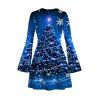 Holiday Dress Christmas Tree Snowflake Starry Sky Print Bell Sleeve A Line Dress - Bleu profond L | US 8-10