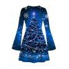 Holiday Dress Christmas Tree Snowflake Starry Sky Print Bell Sleeve A Line Dress - Bleu profond L | US 8-10