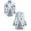 Holiday Couple Outfit Christmas Tree Snowflake Star Print Bell Sleeve A Line Dress and Long Sleeve Shirt Set - Blanc S | US 4