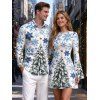 Holiday Couple Outfit Christmas Tree Snowflake Star Print Bell Sleeve A Line Dress and Long Sleeve Shirt Set - Blanc S | US 4