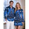 Holiday Couple Outfit Christmas Tree Snowflake Starry Sky Print Bell Sleeve A Line Dress and Long Sleeve Shirt Set - Bleu profond S | US 4
