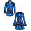 Holiday Couple Outfit Christmas Tree Snowflake Starry Sky Print Bell Sleeve A Line Dress and Long Sleeve Shirt Set - Bleu profond S | US 4