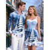 Holiday Couple Outfit Christmas Tree Snowflake Landscape Print Faux Fur A Line Dress and Long Sleeve Shirt Set - Bleu clair S | US 4