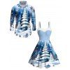 Holiday Couple Outfit Christmas Tree Snowflake Landscape Print Faux Fur A Line Dress and Long Sleeve Shirt Set - Bleu clair S | US 4