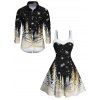 Holiday Couple Outfit Snowflake Christmas Tree Print Faux Fur A Line Dress and Long Sleeve Shirt Set - Noir S | US 4