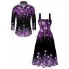 Holiday Couple Outfit Ombre Christmas Tree Snowflake Aurora Stream Print Pocket Square Neck A Line Dress and Long Sleeve Shirt Set - Noir S | US 4