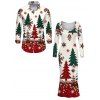 Holiday Couple Outfit Colorblock Christmas Tree Floral Snowflake Print U Neck Bodycon Dress and Long Sleeve Shirt Set - Beige S | US 4