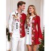 Christmas Couple Outfit Contrast Color Cute Elk Snowflake Print Bell Sleeve A Line Dress and Long Sleeve Shirt Holiday Set - Rouge S | US 4