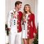 Christmas Couple Outfit Contrast Color Cute Elk Snowflake Print Bell Sleeve A Line Dress and Long Sleeve Shirt Holiday Set - Rouge S | US 4
