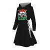 Holiday Hoodie Dress Christmas Hat with Elk Horn Letter Colored Light Chains Print Lace Up Drawstring A Line Dress with Hood - Noir XL | US 12