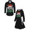 Holiday Couple Outfit Christmas Hat with Elk Horn Letter Colored Light Chains Print Lace Up Drawstring A Line Hoodie Dress and Long Sleeve Shirt Set - Noir S | US 4