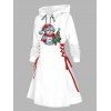 Holiday Hoodie Dress Cute Snowman Christmas Tree Print Lace Up Drawstring A Line Dress with Hood - Blanc XL | US 12