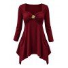 Daily Women Outfit Floral Decor Ruched Handkerchief Hem 3/4 Sleeve Top Fleece-Lined Slim Leggings and Faux Fur Boots Set - Rouge Vineux S | US 4