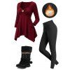 Daily Women Outfit Floral Decor Ruched Handkerchief Hem 3/4 Sleeve Top Fleece-Lined Slim Leggings and Faux Fur Boots Set - Rouge Vineux S | US 4