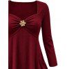 Daily Women Outfit Floral Decor Ruched Handkerchief Hem 3/4 Sleeve Top Fleece-Lined Slim Leggings and Faux Fur Boots Set - Rouge Vineux S | US 4