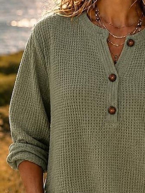 Winter Sweater Solid Color Hollow Out Henley Neck Curved Hem Long Sleeve Knit Top - Vert Armée S | US 4