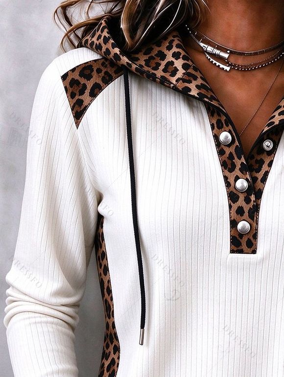 Vintage Hoodie Top Leopard Print Panel Textured Hooded Drawstring Long Sleeve Knitted Top - Blanc XXL | US 14