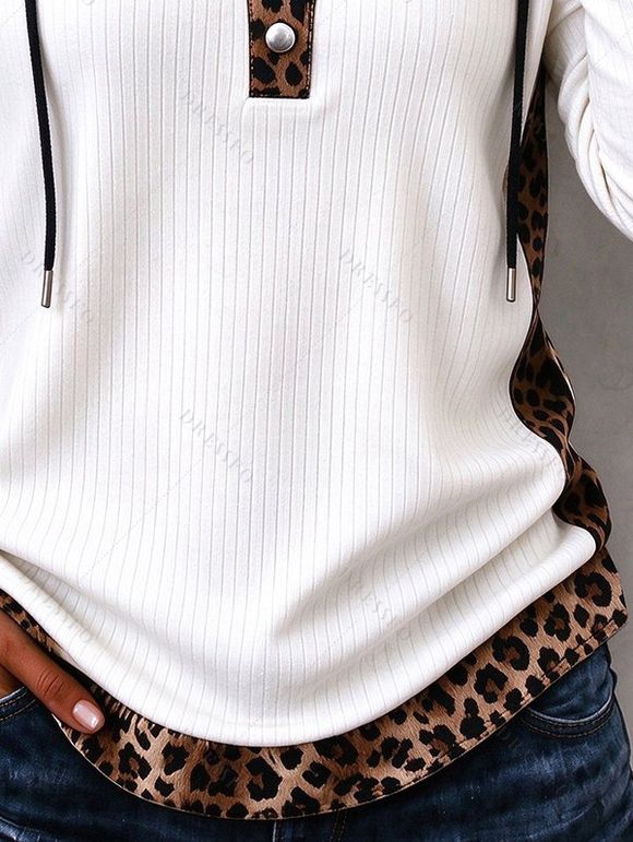 Vintage Hoodie Top Leopard Print Panel Textured Hooded Drawstring Long Sleeve Knitted Top - Blanc XXL | US 14