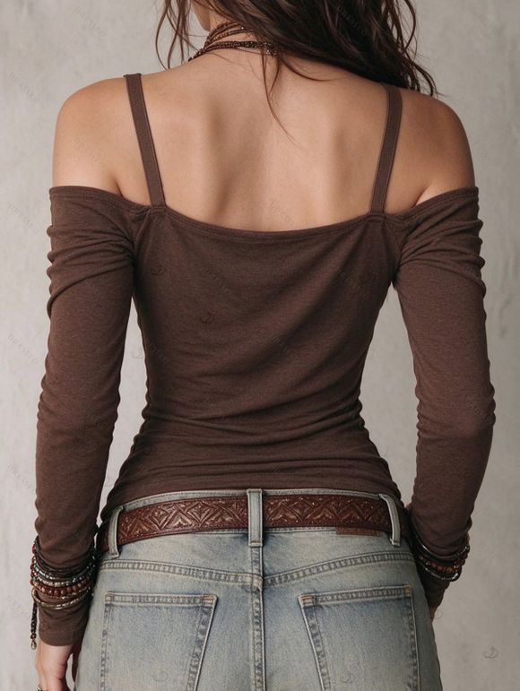 Winter Knitted Top Solid Color Draped Cold Shoulder Buckle Strap Long Sleeve Top - Café profond L | US 8-10