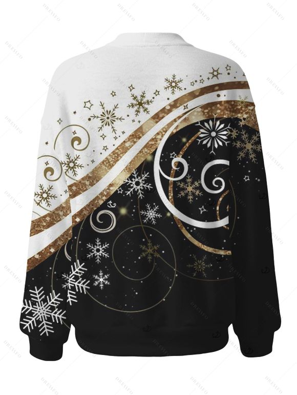 Christmas Cardigan Coat Colorblock Snowflake Scroll Print Button Up Long Sleeve Holiday Top - Noir M | US 6