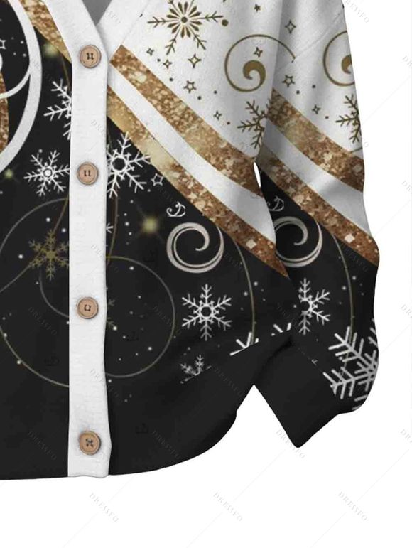 Christmas Cardigan Coat Colorblock Snowflake Scroll Print Button Up Long Sleeve Holiday Top - Noir M | US 6