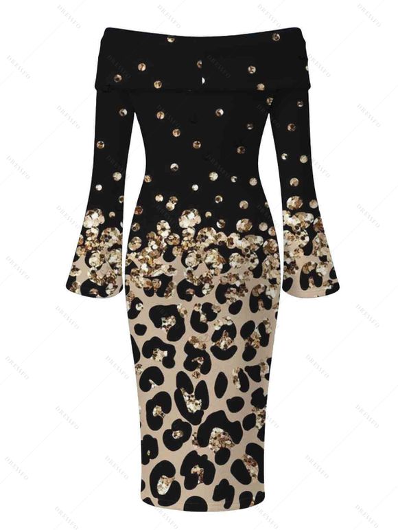 Vacation Dress Ombre Leopard Sequined Print Foldover Off the Shoulder Bell Sleeve Bodycon Dress - Noir L | US 8-10