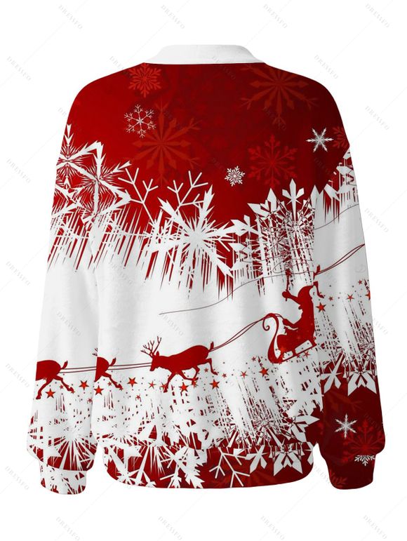 Christmas Cardigan Coat Colorblock Elk Sleigh Snowflake Print Button Up Long Sleeve Holiday Top - Rouge Vineux XXL | US 14