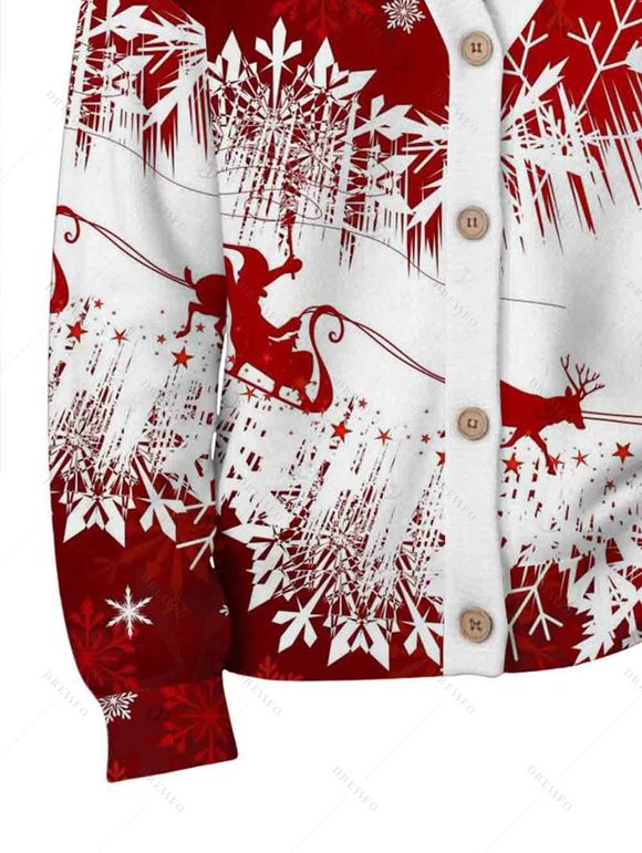Christmas Cardigan Coat Colorblock Elk Sleigh Snowflake Print Button Up Long Sleeve Holiday Top - Rouge Vineux XXL | US 14
