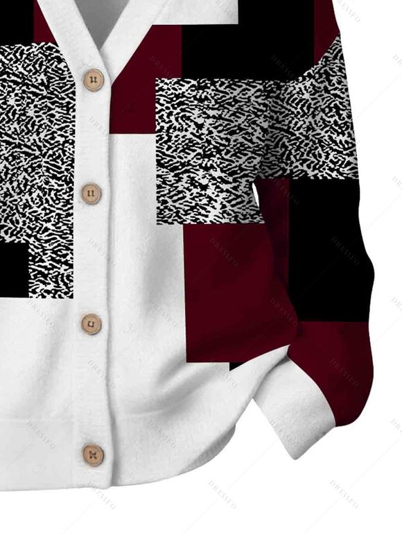 Casual Cardigan Coat Colorblock Geometric Leopard Print Print V Neck Button Up Long Sleeve Top - Rouge Vineux XXL | US 14