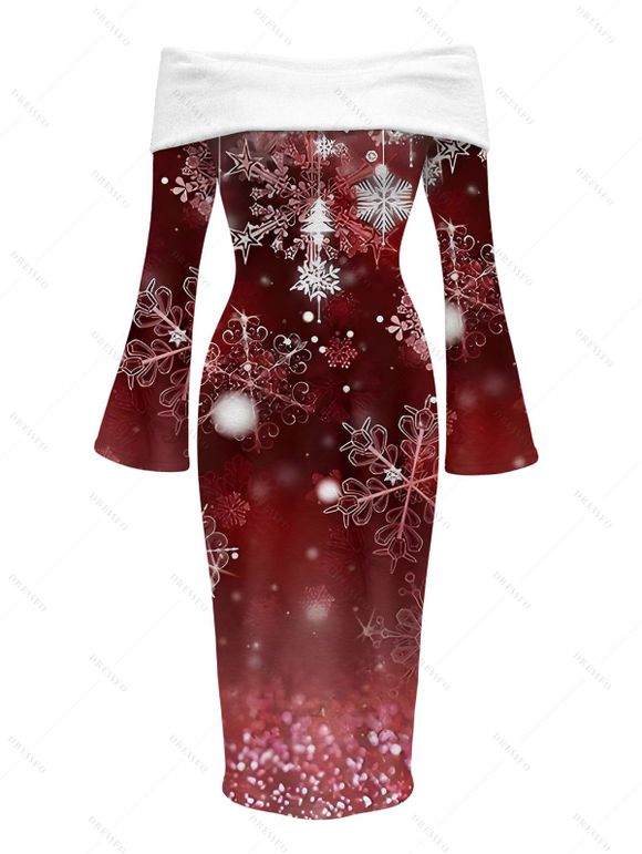 Christmas Dress Ombre Snowflake Print Foldover Off the Shoulder Bell Sleeve Bodycon Holiday Dress - Rouge Vineux M | US 6