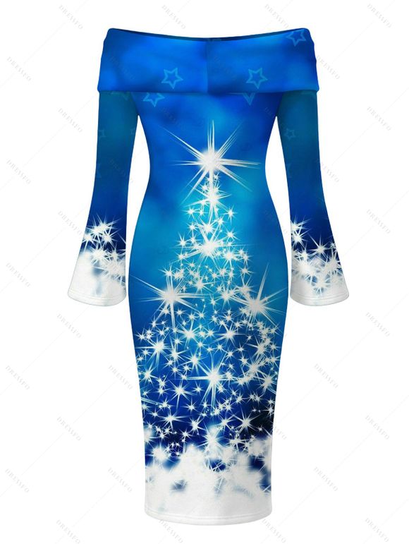 Holiday Dress Christmas Tree Star Snowflake Print Foldover Off the Shoulder Bell Sleeve Bodycon Christmas Dress - Bleu Toile de Jean XL | US 12