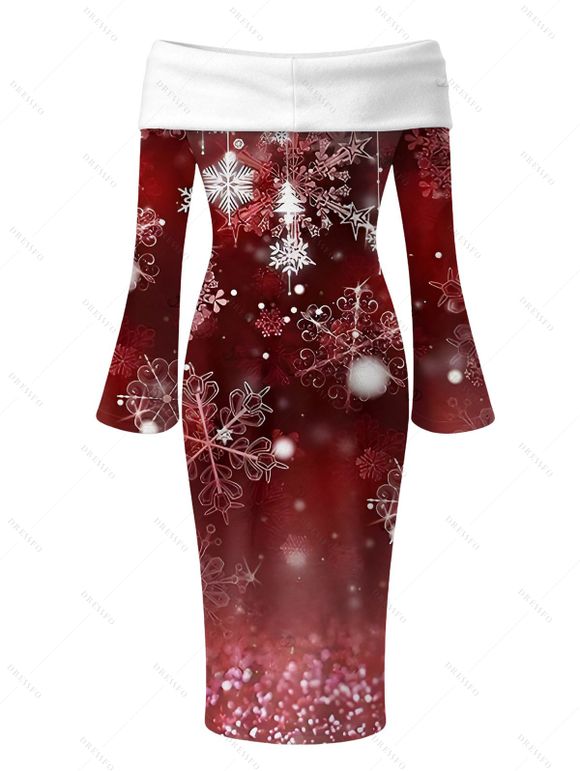 Christmas Dress Ombre Snowflake Print Foldover Off the Shoulder Bell Sleeve Bodycon Holiday Dress - Rouge Vineux M | US 6