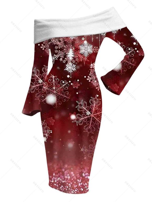 Christmas Couple Outfit Ombre Snowflake Print Foldover Off the Shoulder Bell Sleeve Bodycon Dress and Long Sleeve Shirt Holiday Set - Rouge Vineux S | US 4