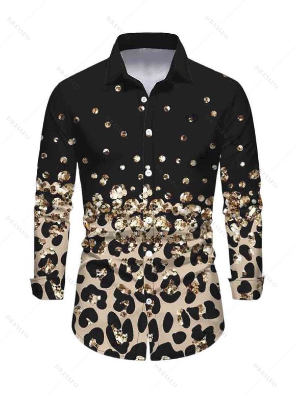 Vintage Couple Outfit Ombre Leopard Sequined Print Foldover Off the Shoulder Bell Sleeve Bodycon Dress and Long Sleeve Shirt Set - Noir S | US 4