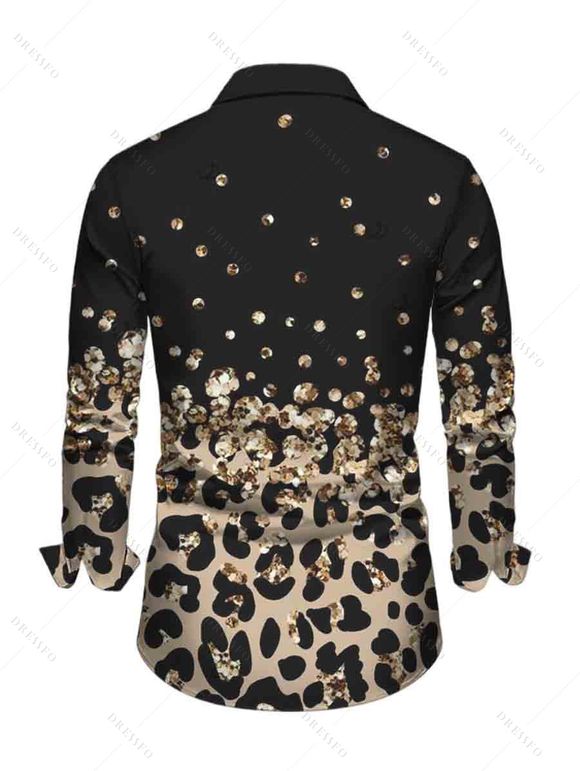 Vintage Couple Outfit Ombre Leopard Sequined Print Foldover Off the Shoulder Bell Sleeve Bodycon Dress and Long Sleeve Shirt Set - Noir S | US 4