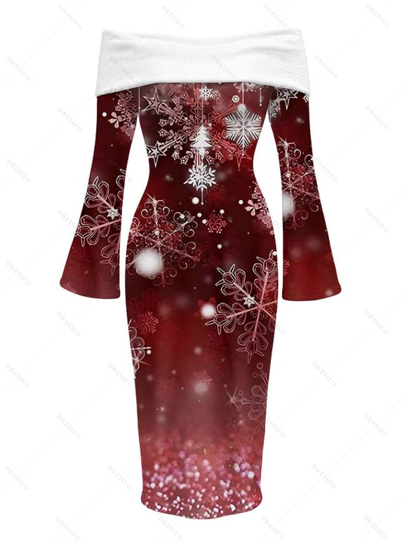 Christmas Couple Outfit Ombre Snowflake Print Foldover Off the Shoulder Bell Sleeve Bodycon Dress and Long Sleeve Shirt Holiday Set - Rouge Vineux S | US 4
