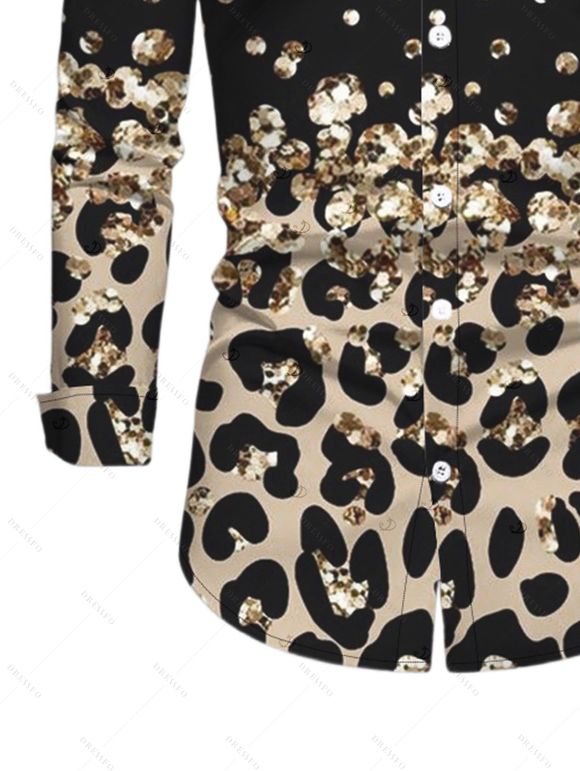 Vintage Couple Outfit Ombre Leopard Sequined Print Foldover Off the Shoulder Bell Sleeve Bodycon Dress and Long Sleeve Shirt Set - Noir S | US 4